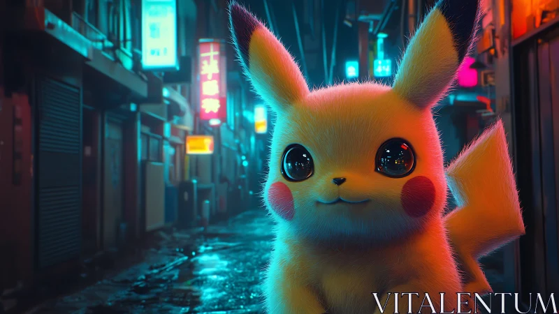 Furry yellow creature stands in neon alley at night