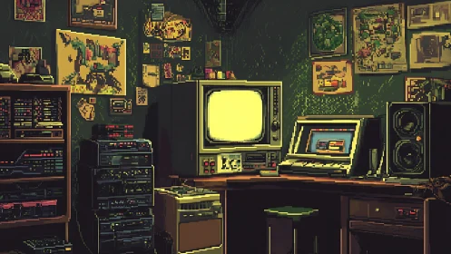 Retro hacker den glows with vintage monitors and synths.