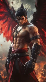 Demonic winged warrior in molten battlefield, high-detail render