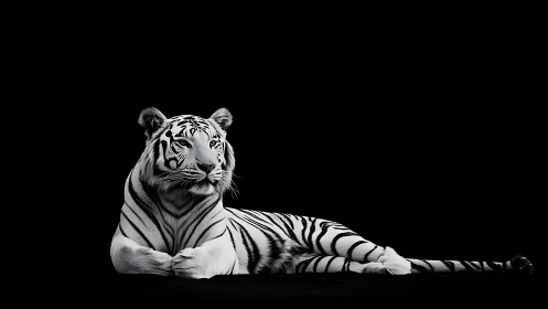 White tiger at rest in deep black night, quietly powerful.