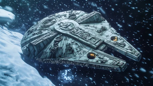 Detailed sci fi starship gliding past icy asteroid field.