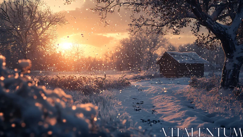 Winter cabin at sunrise rendered in cinematic digital painting