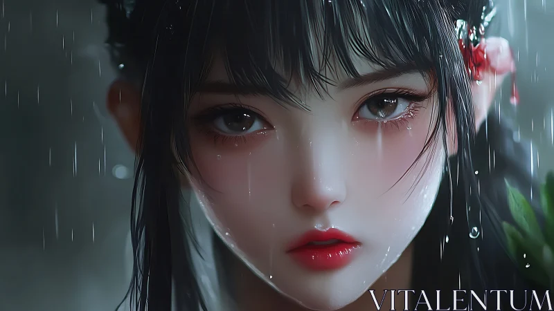 Rain-kissed girl gazes softly ahead with shining teardrop eyes