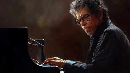 Expressive jazz pianist rendered in moody digital chiaroscuro