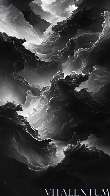 Monochrome fractal cloud canyons with luminous depth study.