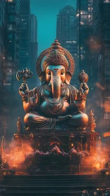 Monumental Ganesha sculpture radiates warm light in cyber city
