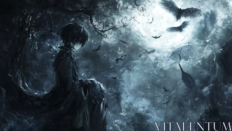 Solitary figure sits beneath full moon amid swirling crows