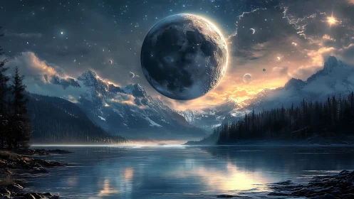 Celestial moonrise over alpine lake in high-detail fantasy rendering