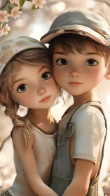 Children Embrace Against Floral Backdrop with Warm Golden Light