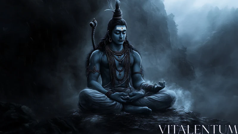 Lord Shiva meditates in ethereal blue misted mountains