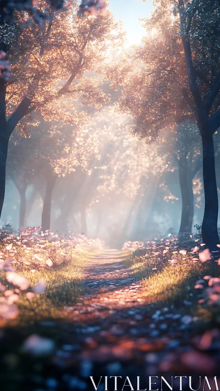 Golden Forest Path: Luminous Canopy with Ethereal Mist and Bokeh Effects.