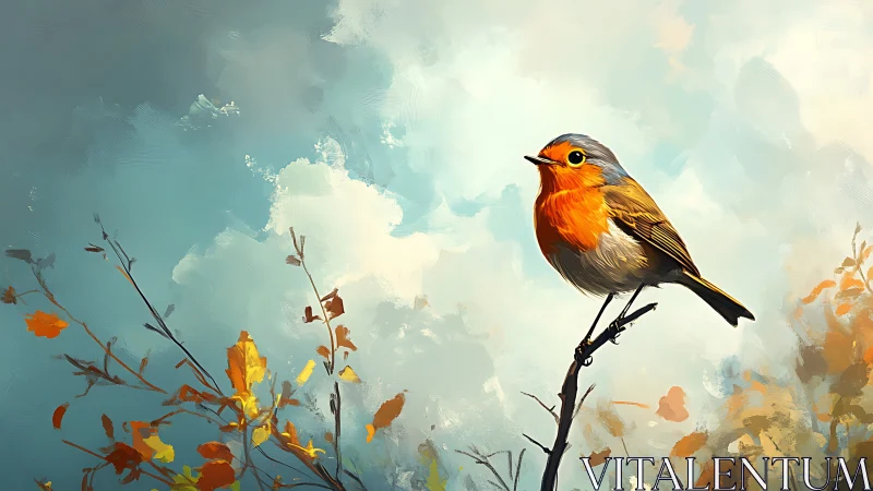 Vibrant Robin on Autumn Branch, Impressionist Digital Painting.
