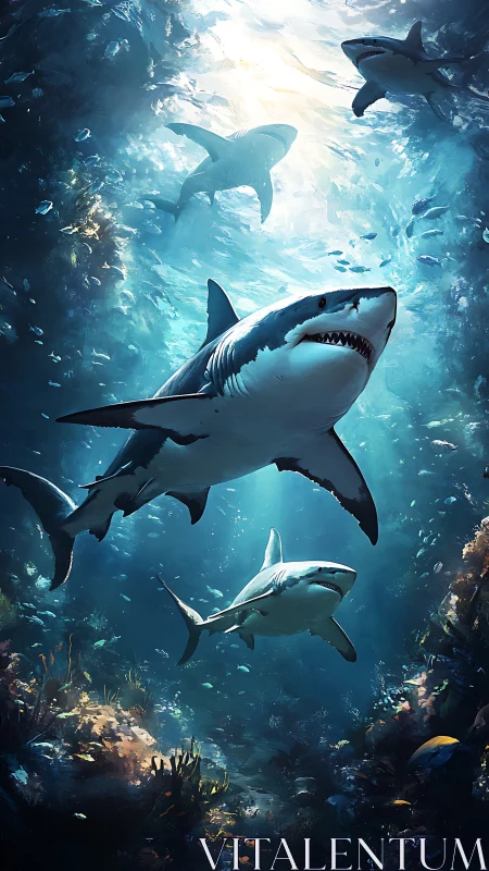 Great white sharks glide through sunlit coral canyon.