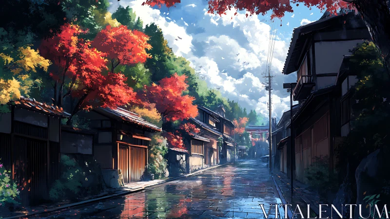 Autumn street scene with traditional houses after rainfall.