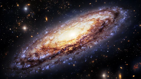 Golden spiral galaxy glowing softly in a star rich sky.