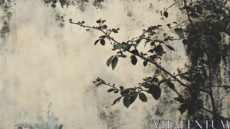 Shadow of leafy branch on weathered wall in minimalist style.