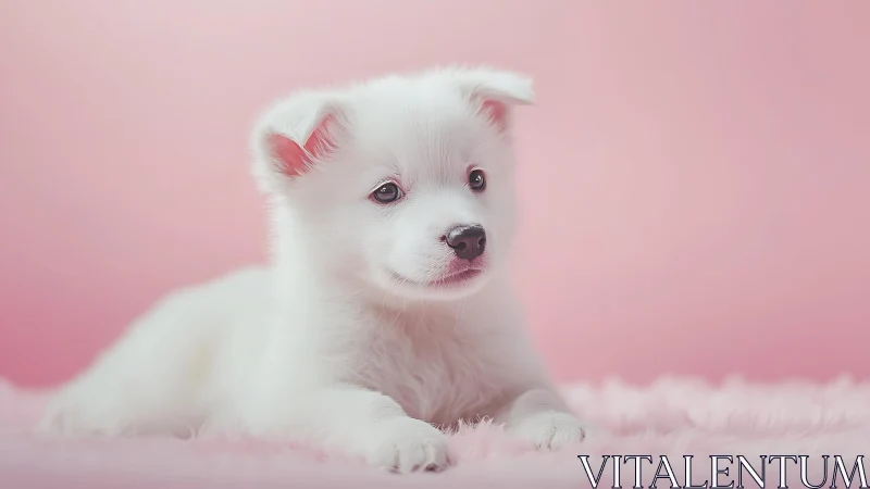 White puppy lies on pink fur surface against soft backdrop