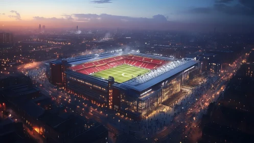Illuminated football stadium within dense evening cityscape.