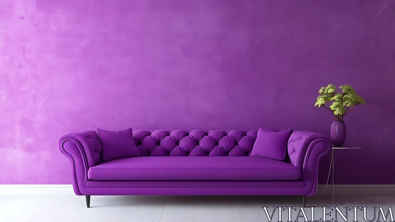 Purple tufted sofa against monochrome violet wall interior.
