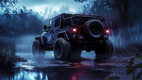 Off-road night drive with a rugged jeep in misty wetlands.