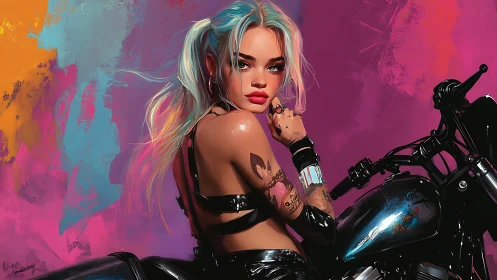 Neon-haired biker girl poses against vivid graffiti backdrop.