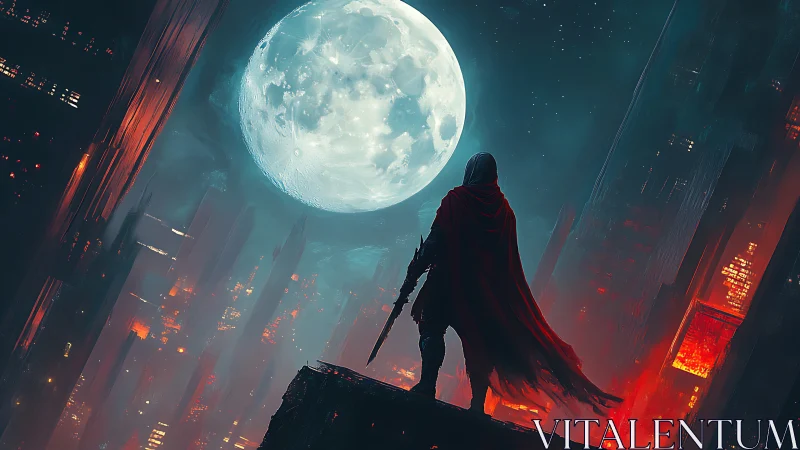 Lone cloaked vigilante under colossal moonlit megacity sky.