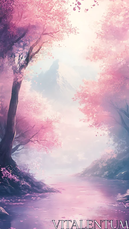 Dreamy pink riverside under hazy mountain light.