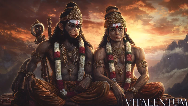 Mythic simian deities sit beneath blazing sunset sky.