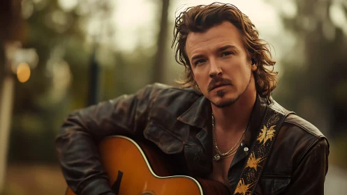 Male guitarist in brown leather jacket outdoors at dusk.