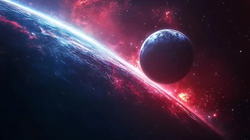 Digital painting of twin planets in luminous red nebula field.