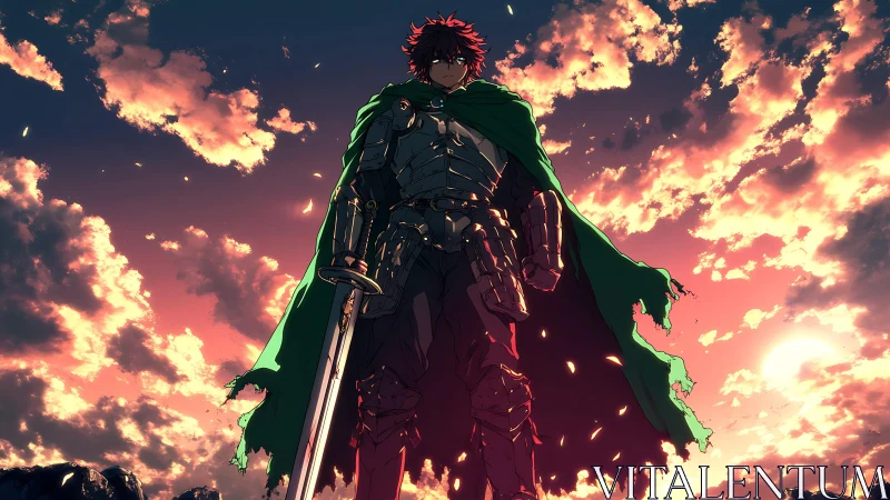 Lone armored hero at sunset beneath blazing clouds.
