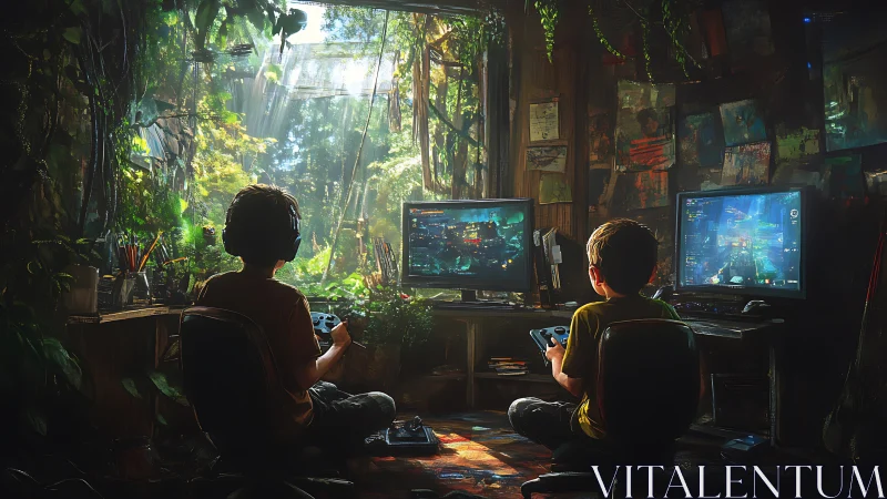 Two gamers connect in a lush jungle room of glowing screens.