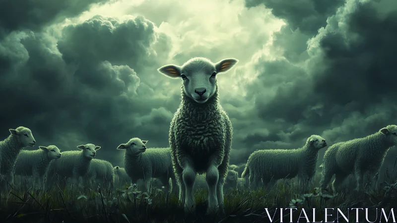 Lone lamb standing before dark, stormy clouded sky.