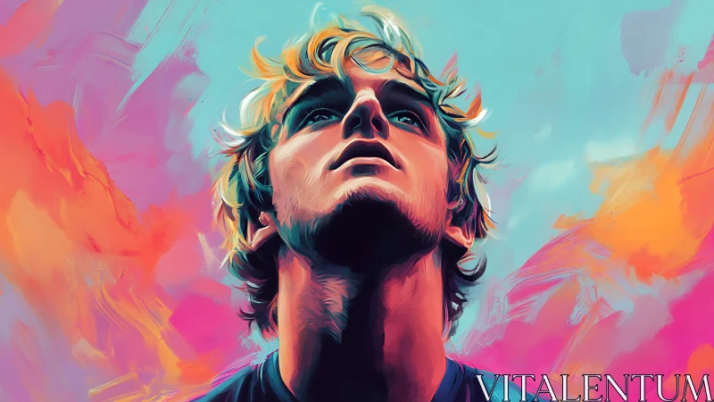 Expressive digital portrait with neon gradients and upward gaze.