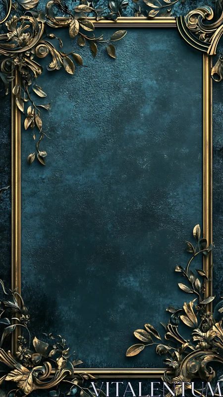 Ornate gold floral frame encloses textured teal backdrop surface
