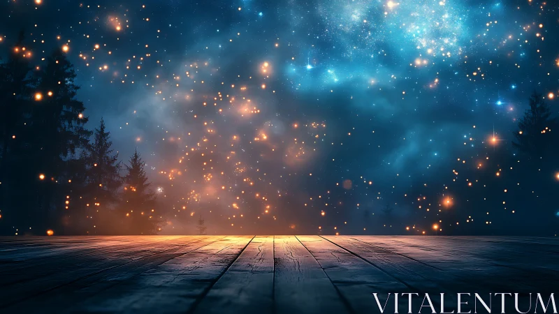 Starry forest stage glows beneath a dreamy cosmic sky