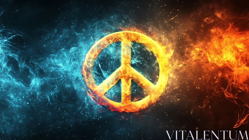 Peace sign glowing between fire and ice in cosmic swirl.