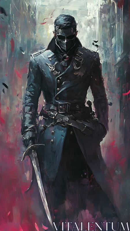 Digital painting of masked swordsman in painterly urban haze.