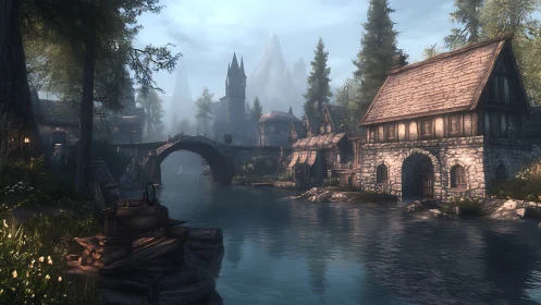 Quiet riverside village with misty towers and stone bridge.