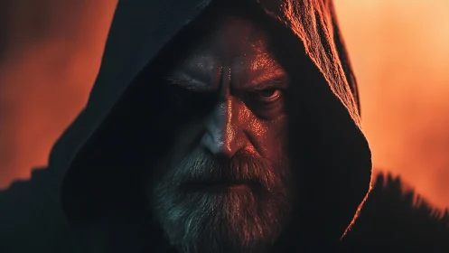 Brooding hooded warrior in fiery cinematic close-up portrait.