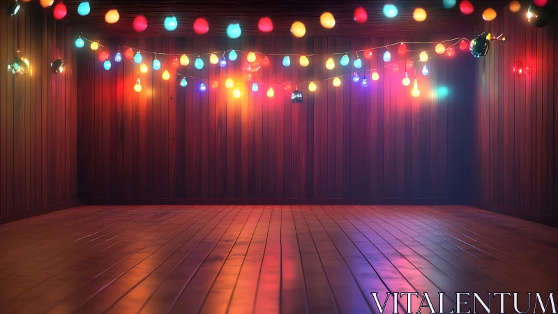 Wooden interior illuminated by colorful string lights with soft bokeh