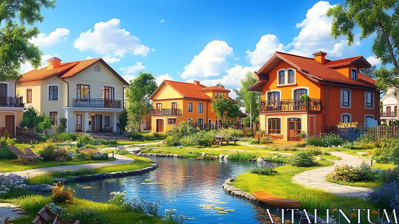 Colorful lakeside villas in landscaped suburban garden community