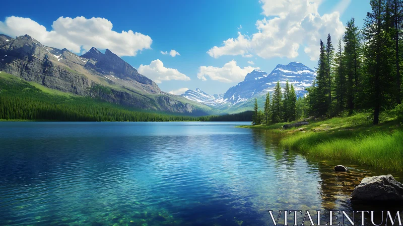 Mountain lake with pine forest under bright summer sky.