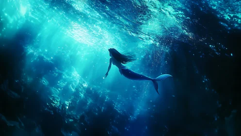 Underwater side view of mermaid silhouette in blue light.