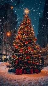 Snowfall-lit city Christmas tree crowned in golden starlight.