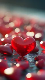 Red crystalline hearts with bokeh backdrop.