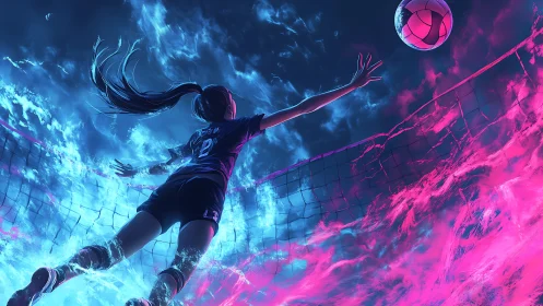 Digital illustration shows volleyball player reaching over net