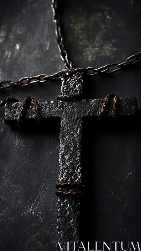 Corroded metal cross pendant bound with rusted wire and chain
