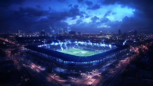 Digital night stadium panorama with illuminated urban skyline.