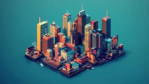 Miniature neon skyline island under teal urban oceanscape.